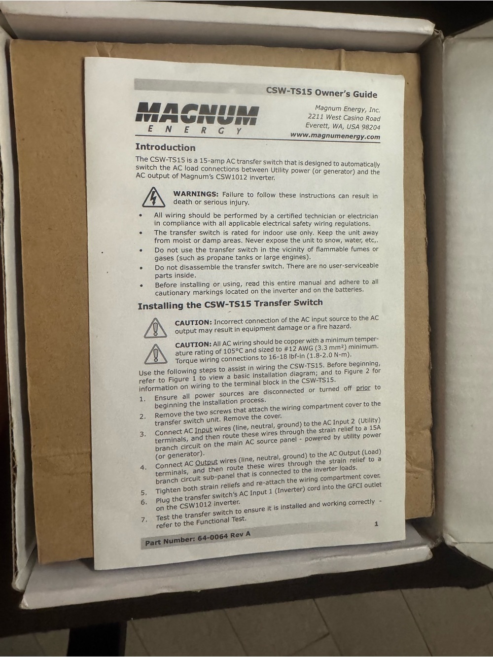 MAGNUM ENERGY TRANSFER SWITCH CSW-TS15 Owner's Guide - White Manual